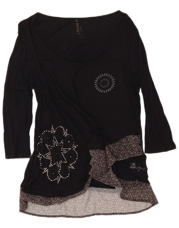 DESIGUAL Top grafico da donna manica 3/4 UK 18 XL viscosa nera con stampa animalier