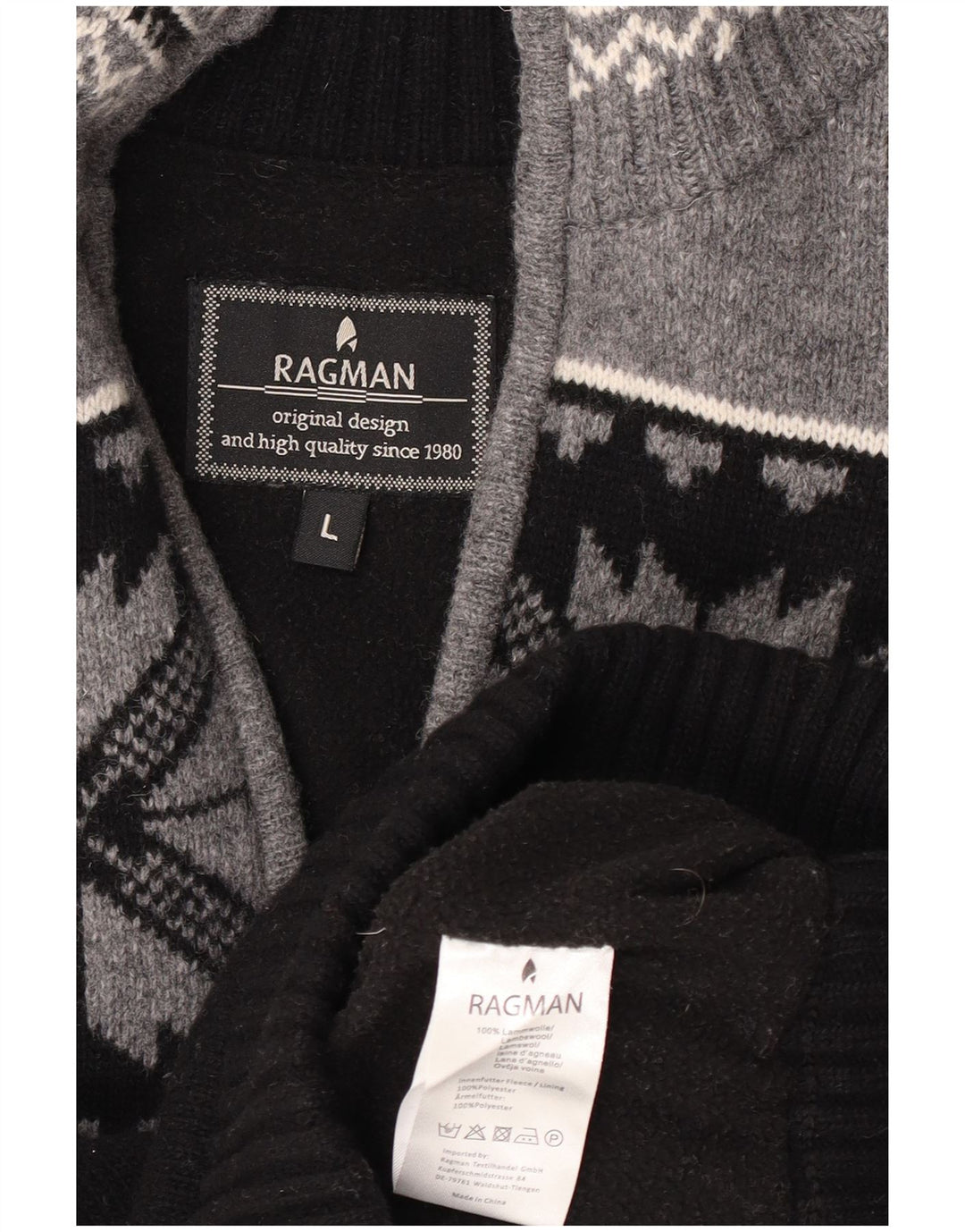 Ragman Maglione da uomo con zip e collo, grande lana d'agnello Fair Isle nera
