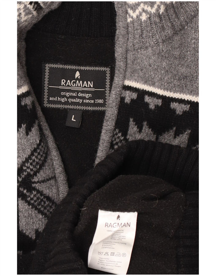 Ragman Maglione da uomo con zip e collo, grande lana d'agnello Fair Isle nera