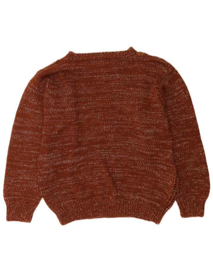 Maglione maglione girocollo da donna vintage UK 14 Patchwork marrone medio