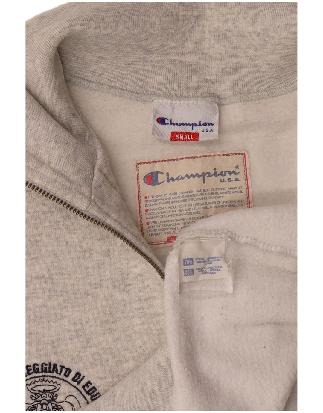 CHAMPION Mens Graphic Zip Neck Sweatshirt Jumper Small Grey Flecked Cotton