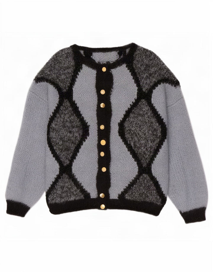 Maglione cardigan da donna vintage UK 16 grande blu a rombi/diamante