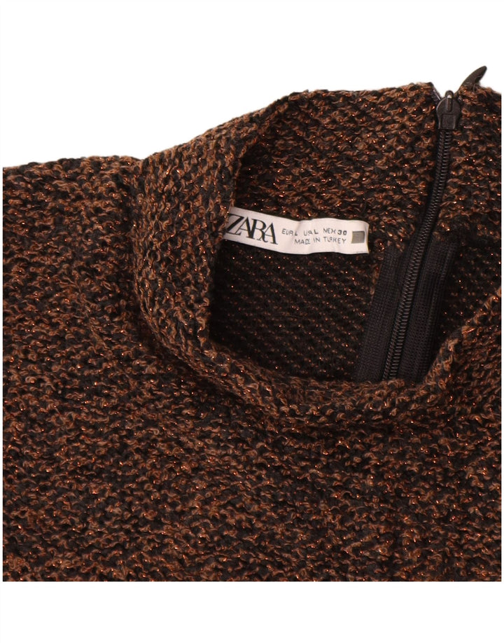 ZARA Camicetta da Donna Top UK 14 Large Marrone Poliestere