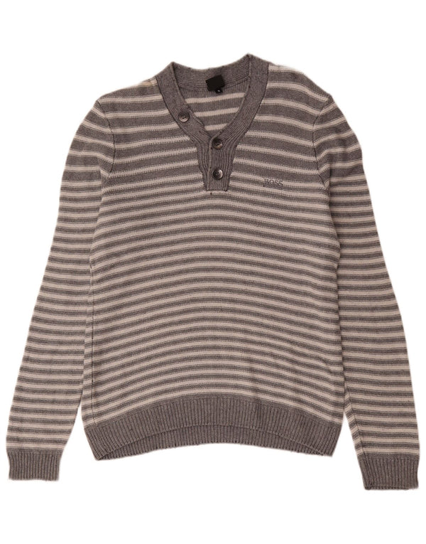 Hugo Boss Maglione da uomo con scollo a V piccolo cotone a righe grigie