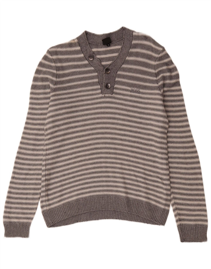 Hugo Boss Maglione da uomo con scollo a V piccolo cotone a righe grigie