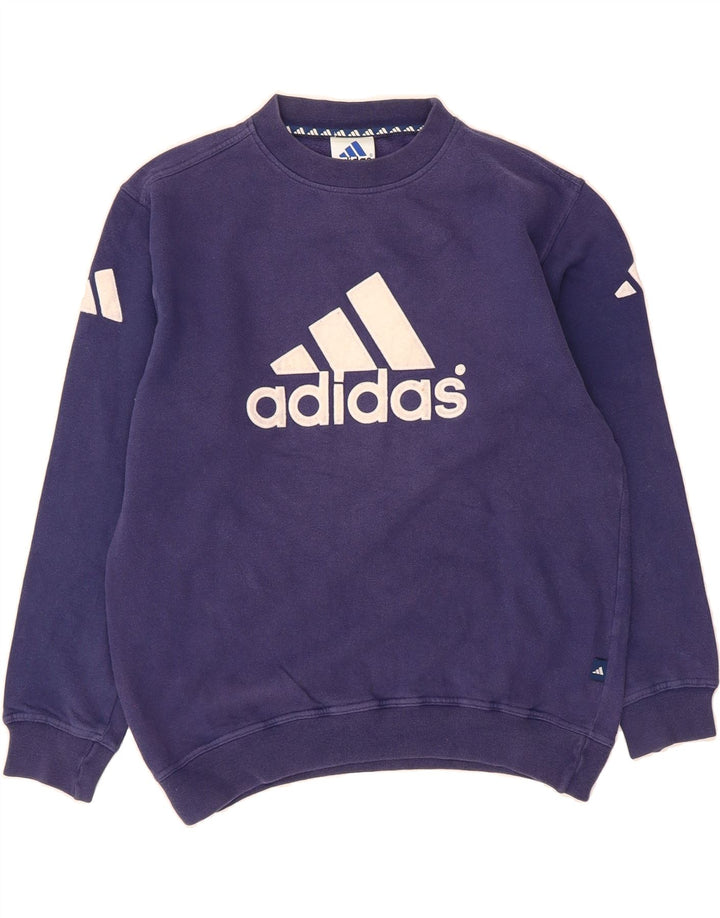 ADIDAS Boys Graphic Sweatshirt Jumper 13-14 Years Navy Blue Vintage Adidas and Second-Hand Adidas from Messina Hembry 