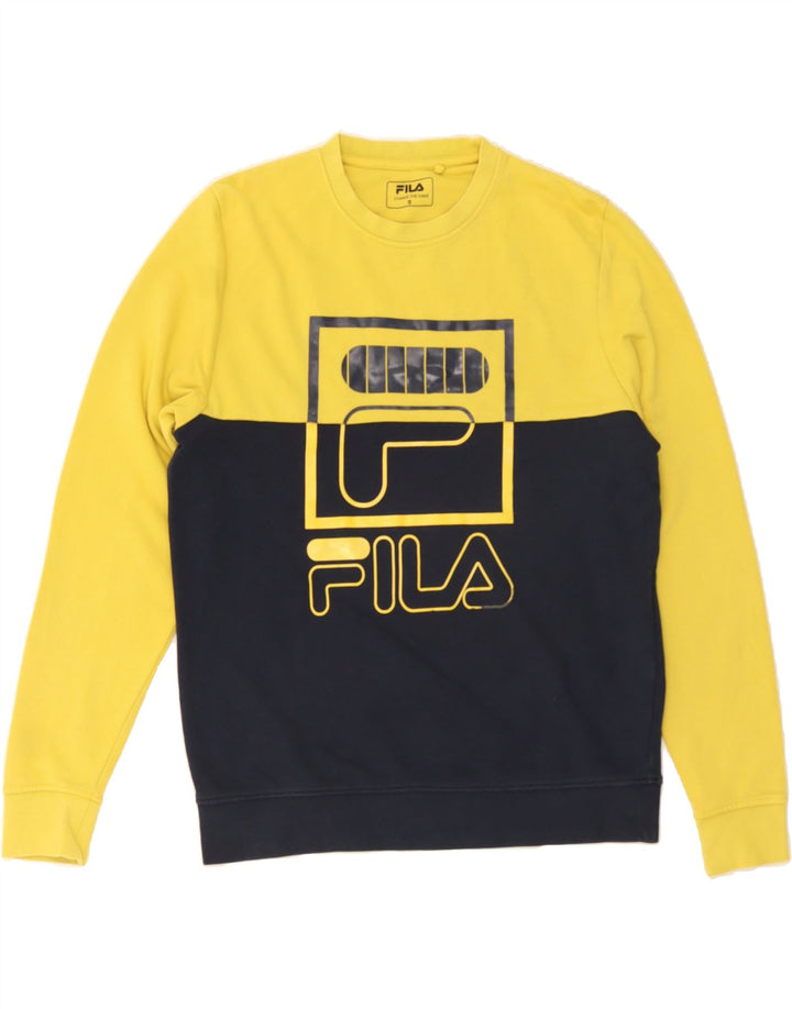 FILA Mens Graphic Sweatshirt Jumper Small Yellow Colourblock Cotton Vintage Fila and Second-Hand Fila from Messina Hembry 