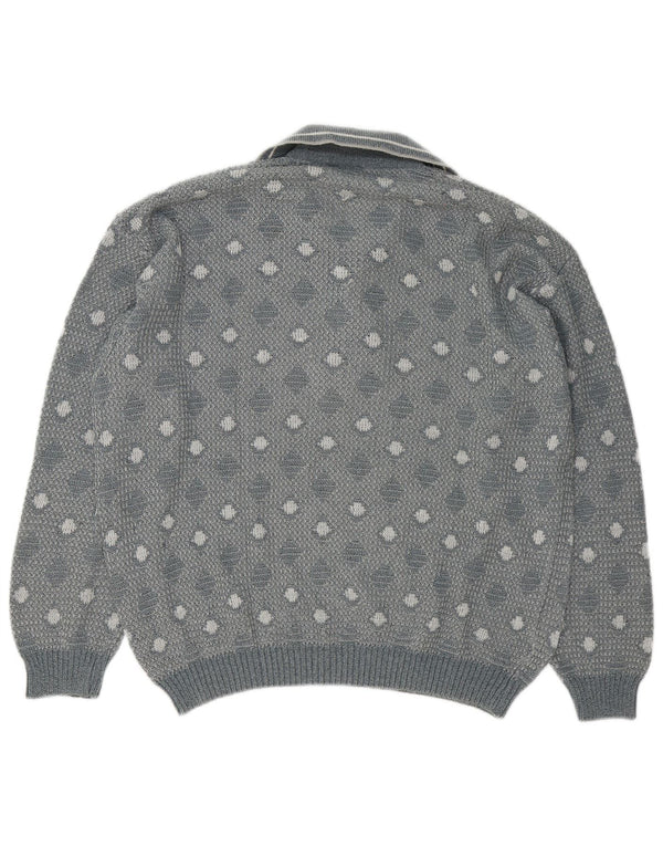 Maglione vintage da uomo con collo a polo, grande grigio geometrico