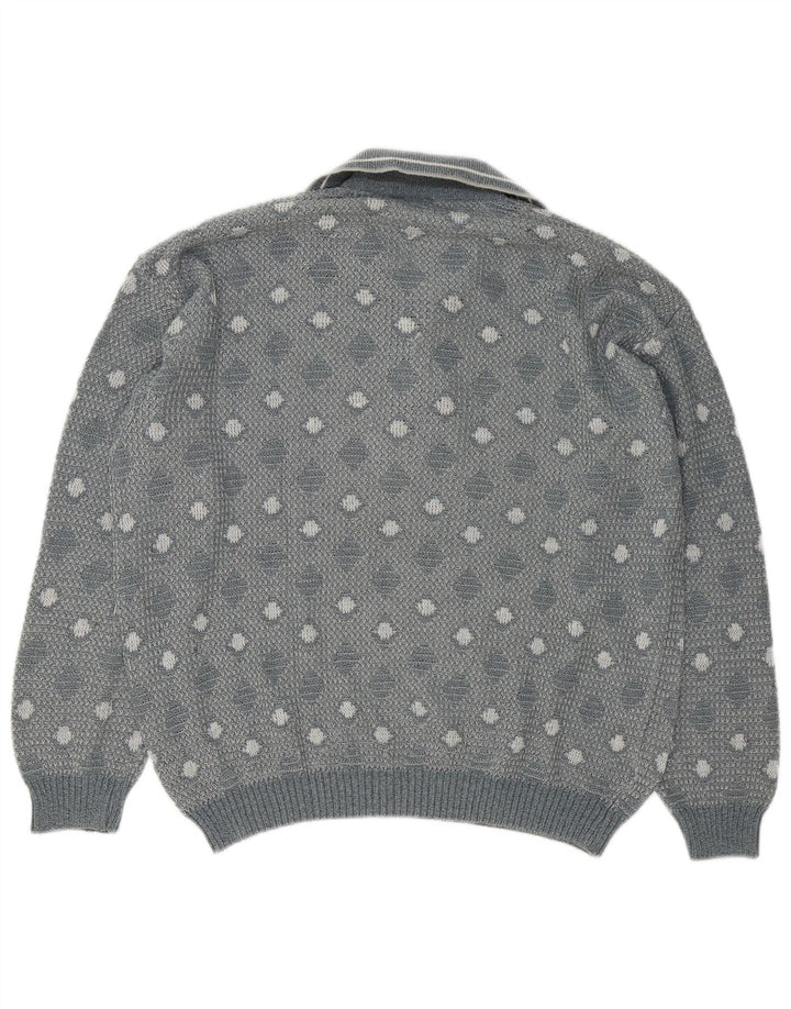 Maglione vintage da uomo con collo a polo, grande grigio geometrico