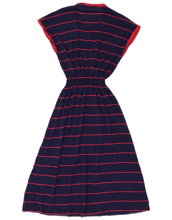 Abito lungo da donna vintage UK 12 acrilico a strisce blu navy medio