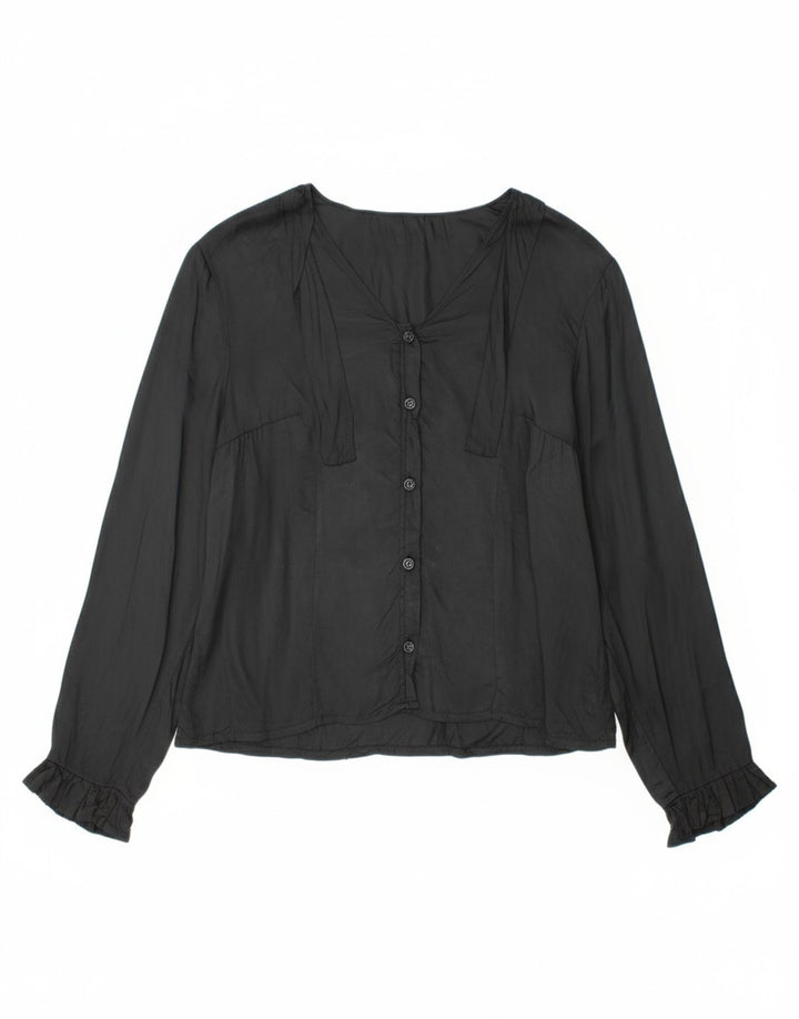 VINTAGE Womens Front Tie Shirt Blouse UK 14 Medium Black