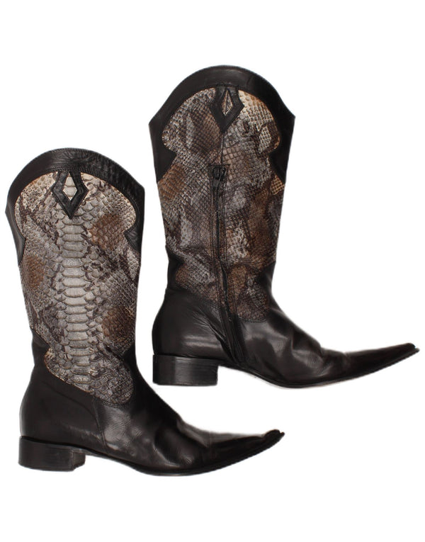 Stivali da cowboy vintage da donna taglia UK 7 neri con stampa animalier western
