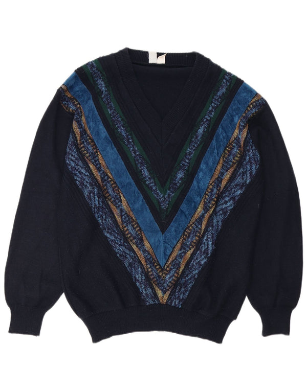 Maglione vintage da uomo con scollo a V, grande poliacrilico geometrico blu navy