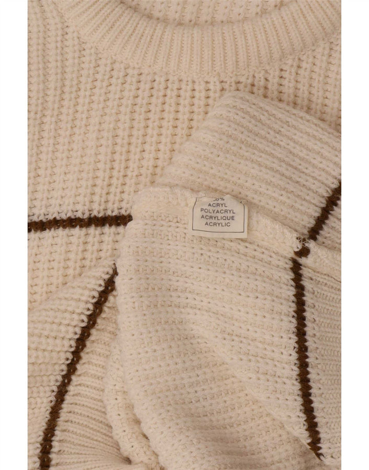 Maglione maglione girocollo da uomo vintage in acrilico a righe bianco sporco medio