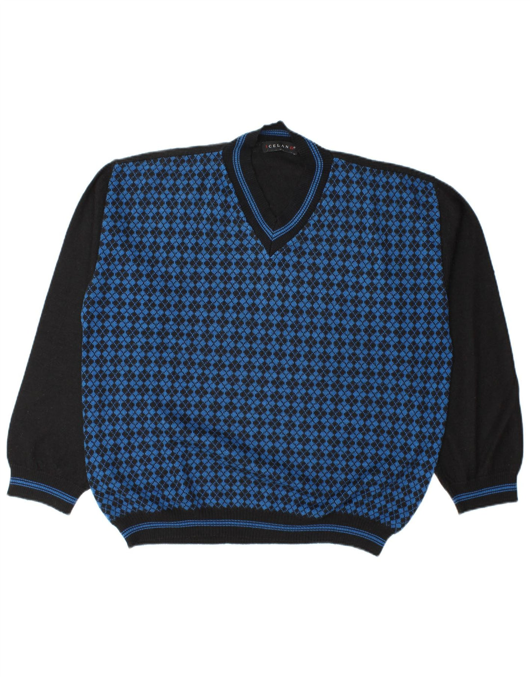 Maglione da uomo con scollo a V islandese XL blu a rombi/lana diamante
