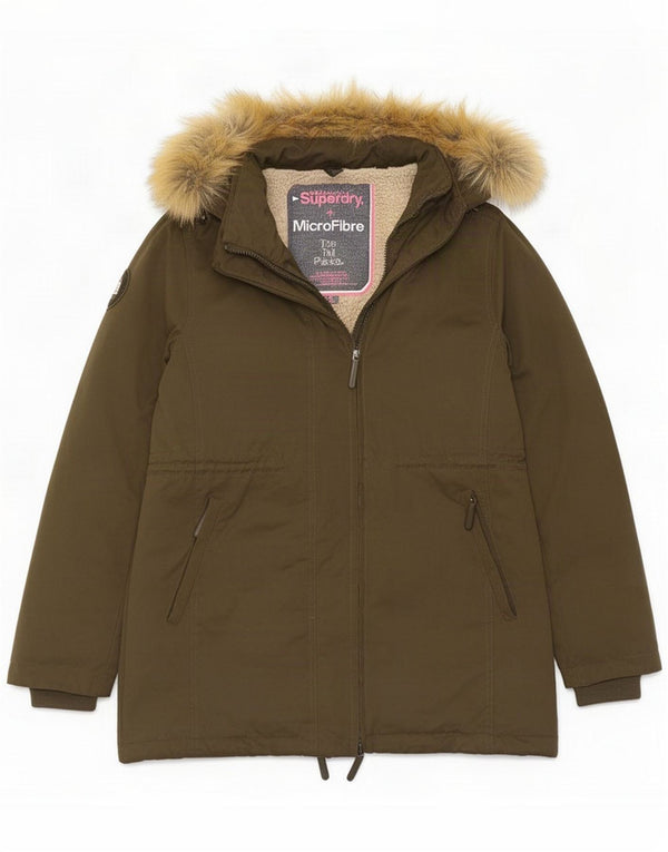 Superdry Womens Hooded Parka Jacket UK 16 Large Khaki Polyester