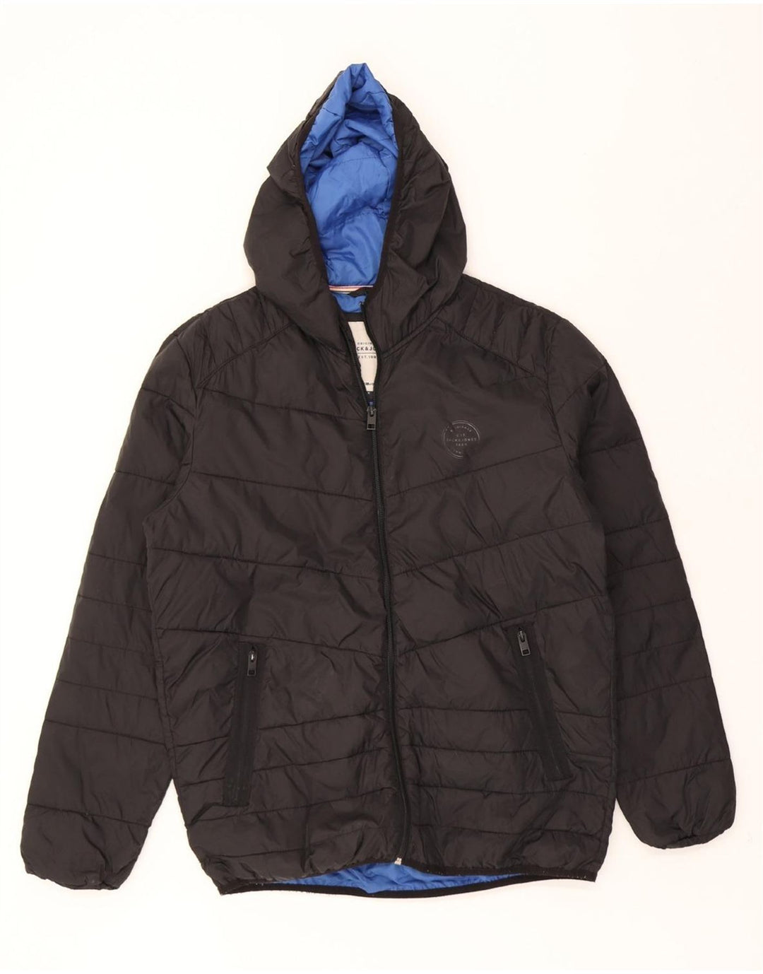JACK & JONES Mens Hooded Padded Jacket UK 38 Medium Grey Vintage Jack & Jones and Second-Hand Jack & Jones from Messina Hembry 