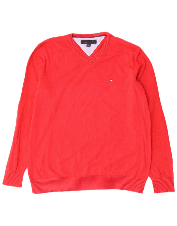 Maglione maglione con scollo a V da uomo Tommy Hilfiger in cotone rosso medio