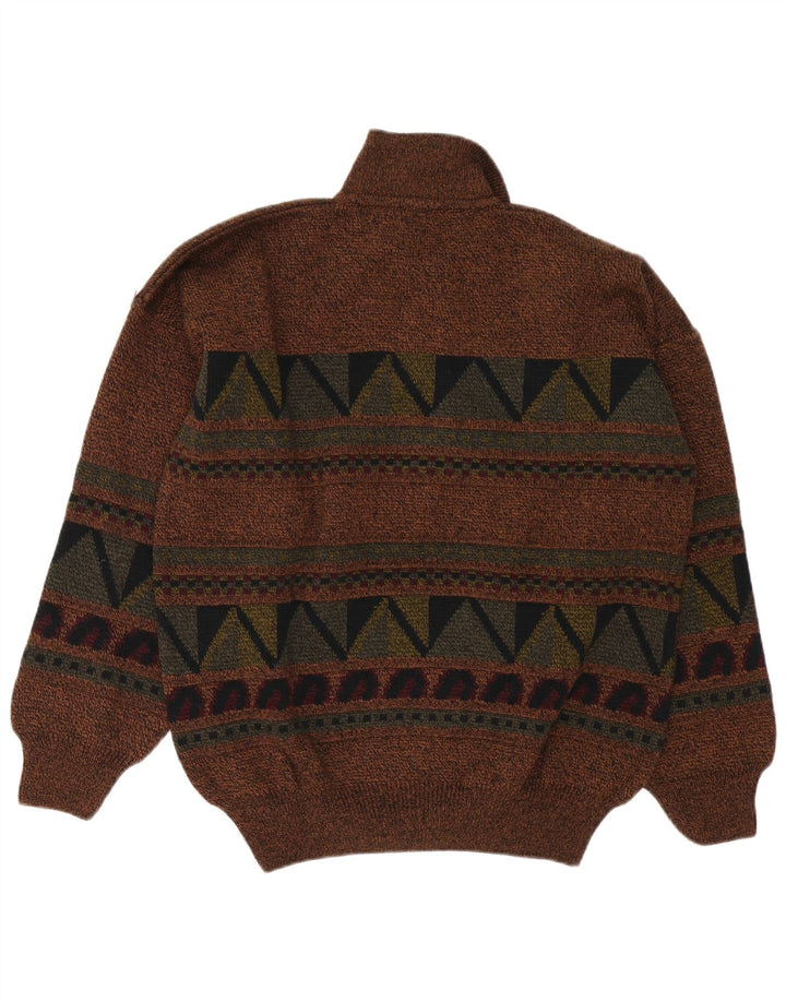 Maglione vintage da uomo con collo alto, grande marrone geometrico
