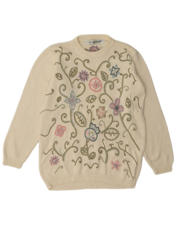 Maglione maglione girocollo da donna vintage UK 10 piccolo floreale bianco sporco