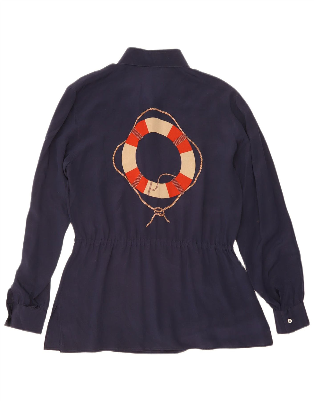 Camicia pullover grafica da donna vintage UK 14 blu navy medio