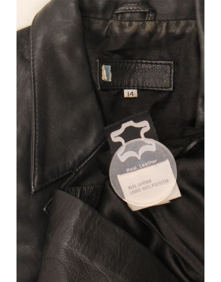 Giacca blazer in pelle vintage da donna a 3 bottoni UK 14 grande in pelle nera