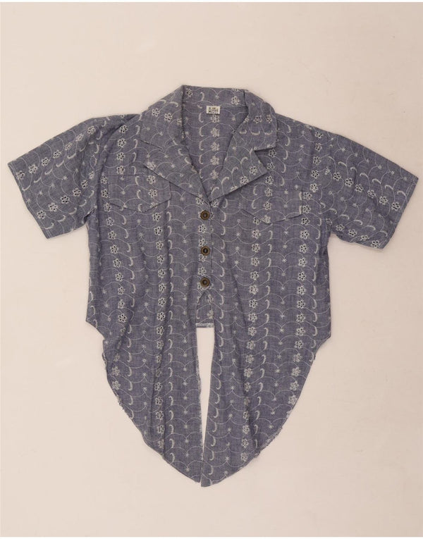 Camicetta vintage da donna a maniche corte corta UK 12 blu medio floreale