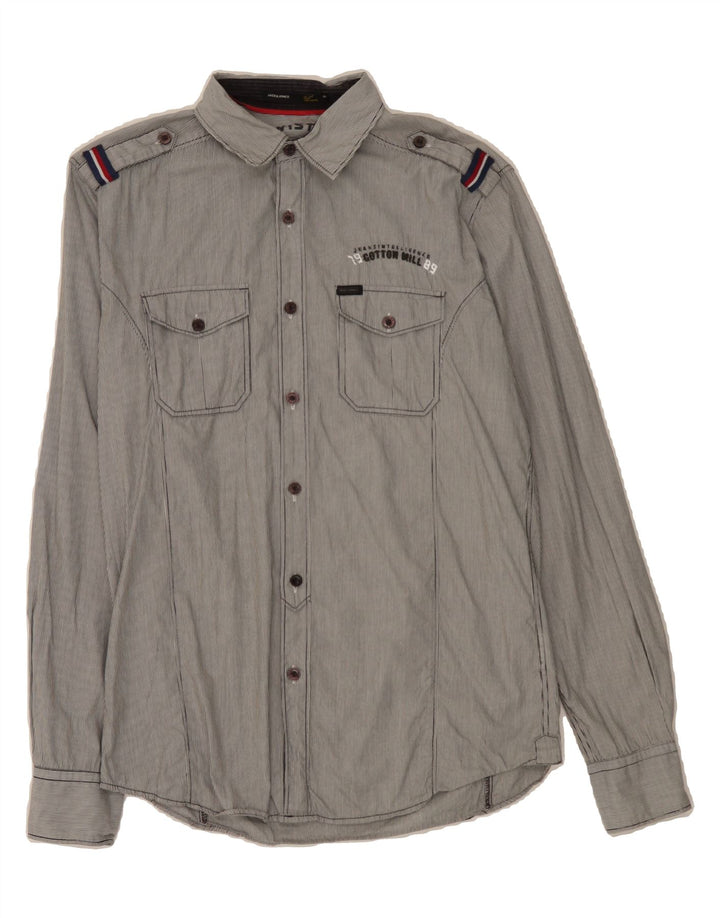 JACK & JONES Mens Military Shirt Small Grey Pinstripe Cotton Vintage Jack & Jones and Second-Hand Jack & Jones from Messina Hembry 