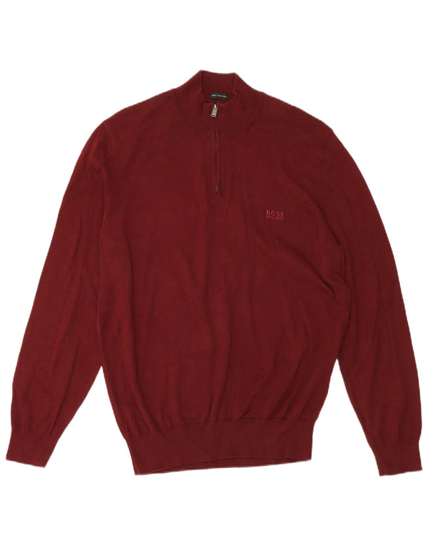Hugo Boss Maglione da uomo con zip e collo grande in cotone bordeaux