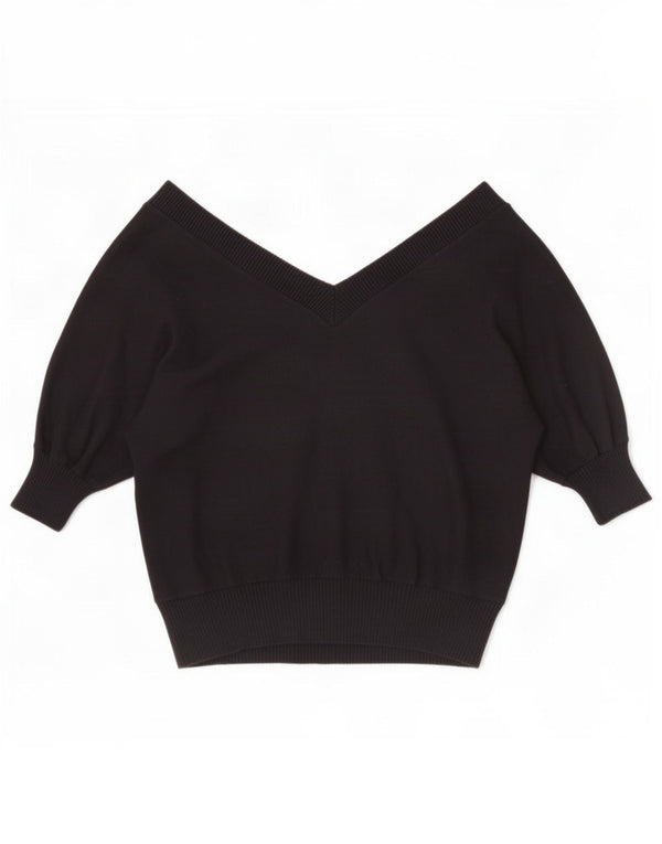 Zara Womens Short Sleeve V-Neck Jumper Sweater UK 14 Medium Black