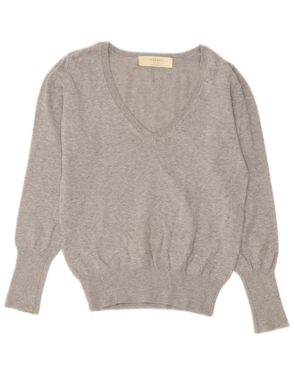 Maglione Zara da donna con scollo a V UK 14 grande cotone chiazzato grigio