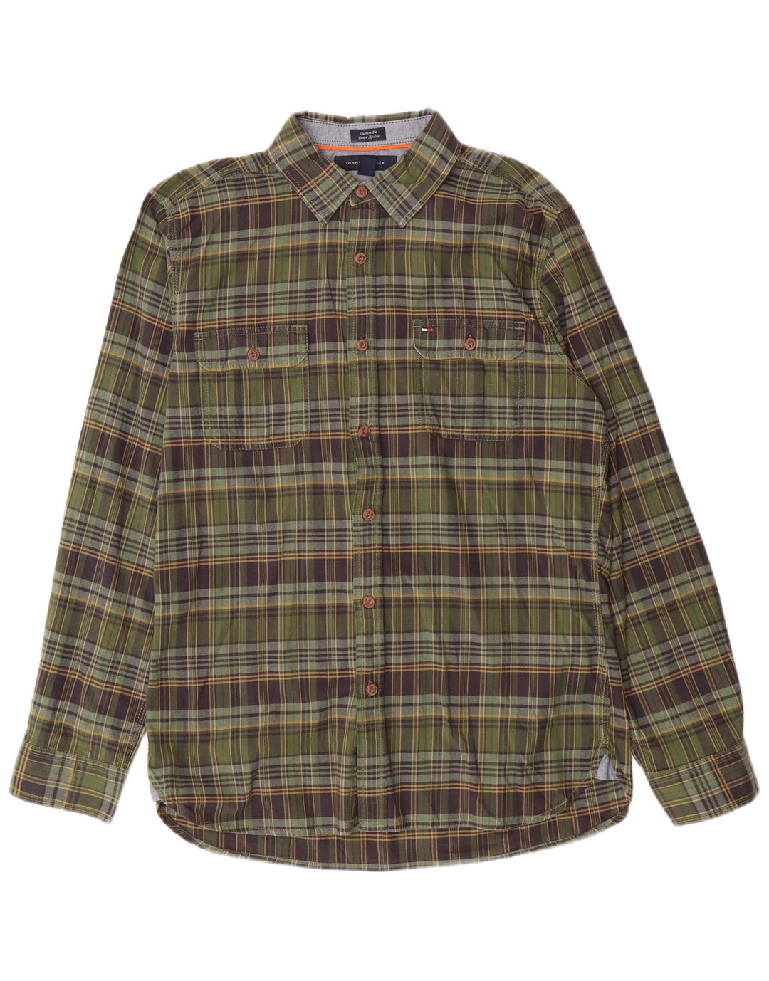 Tommy Hilfiger Camicia da uomo in flanella su misura in cotone a quadri verde medio