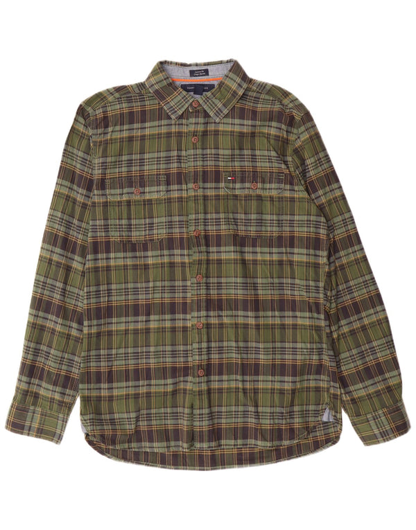 Tommy Hilfiger Camicia da uomo in flanella su misura in cotone a quadri verde medio