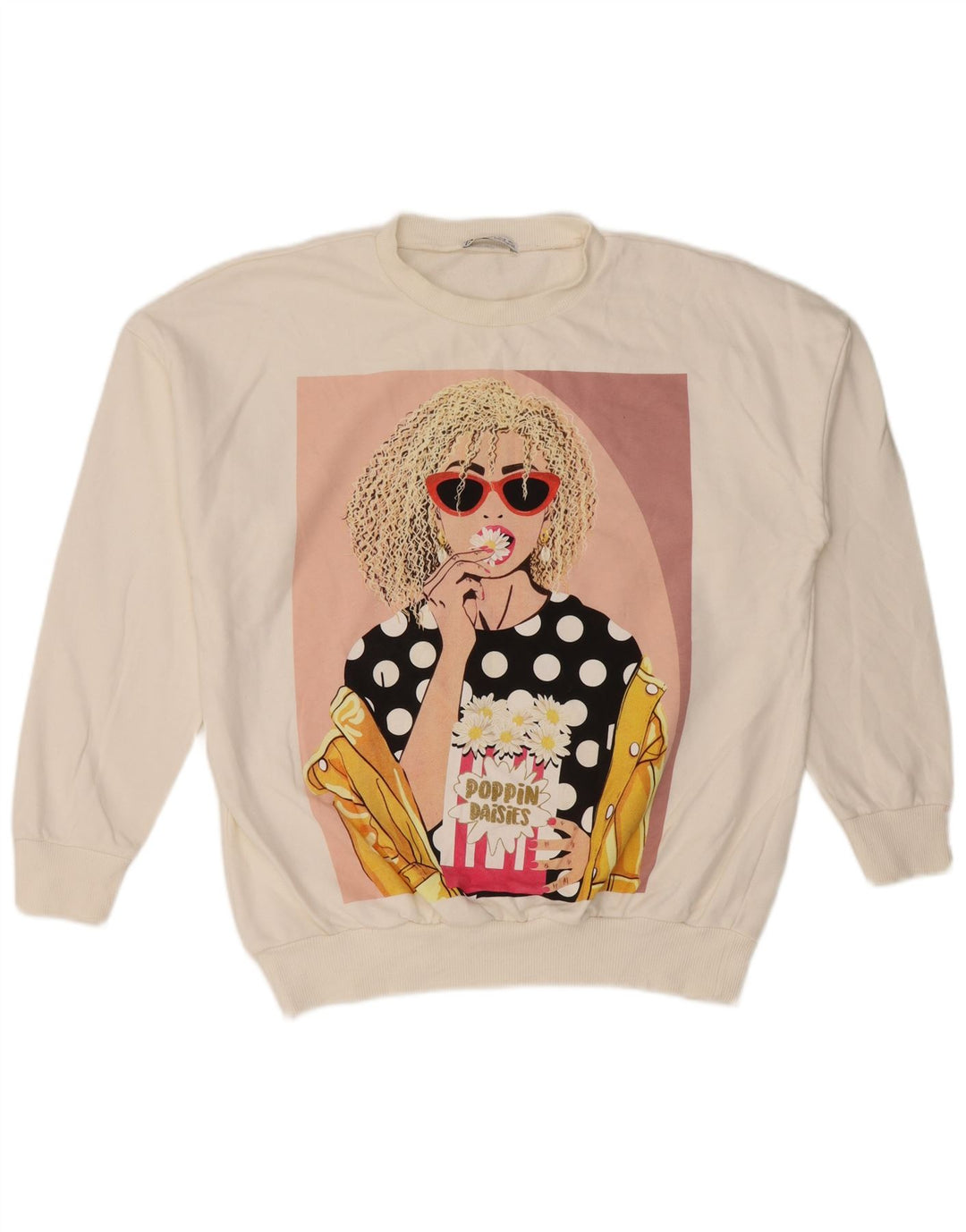Felpa oversize con grafica da donna Zara, maglione UK 10, piccola, cotone bianco
