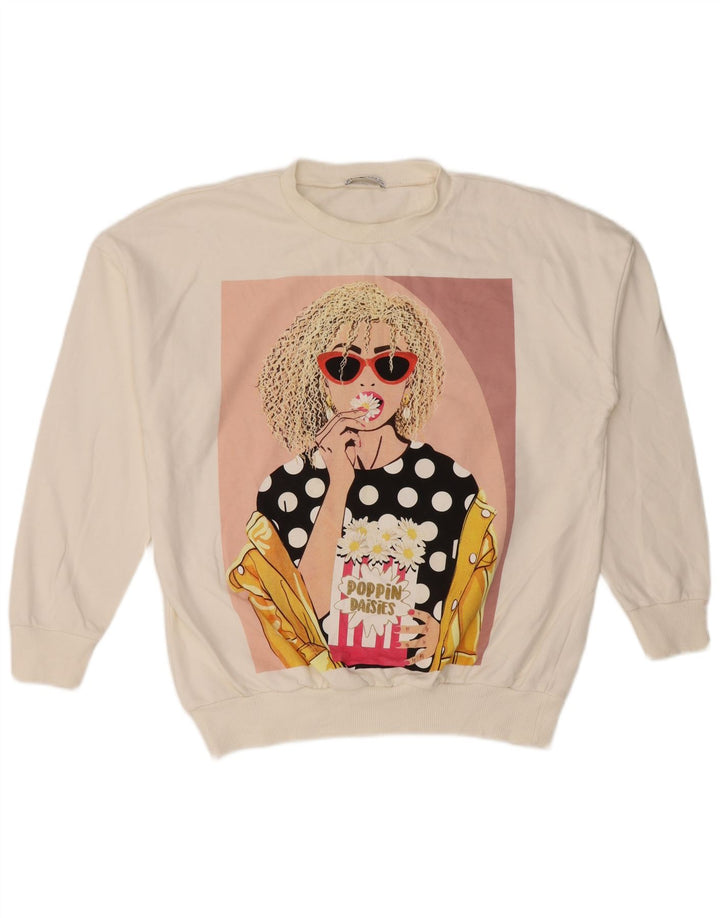 Felpa oversize con grafica da donna Zara, maglione UK 10, piccola, cotone bianco