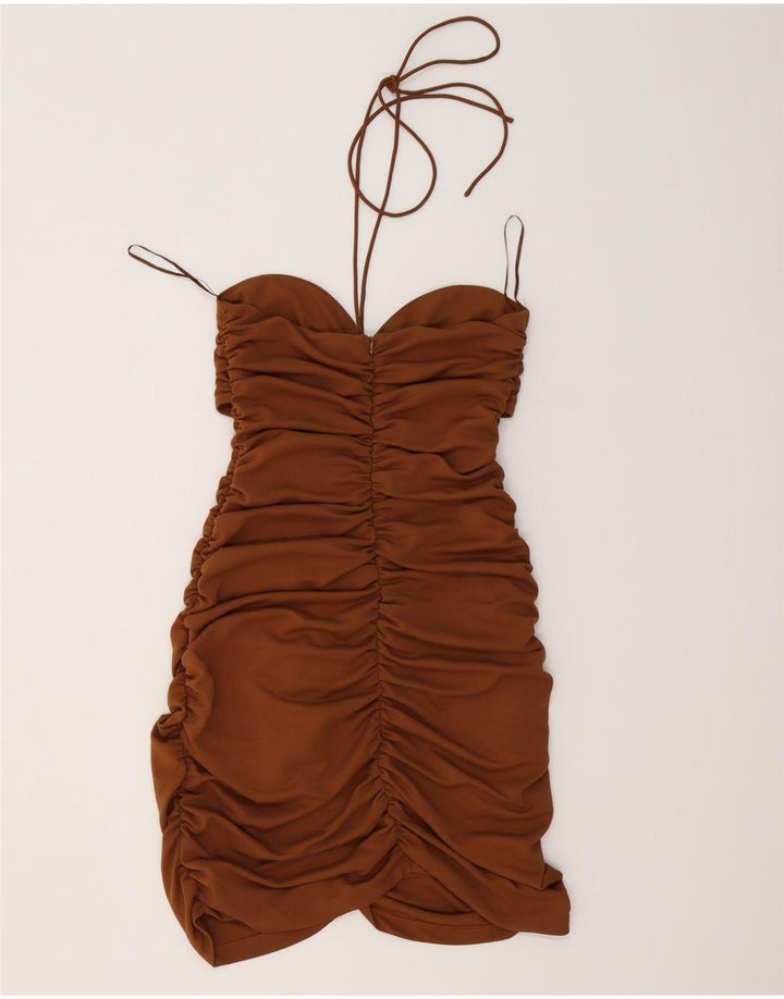 Vestito aderente da donna Zara con scollo all'americana UK 12 Poliestere marrone medio