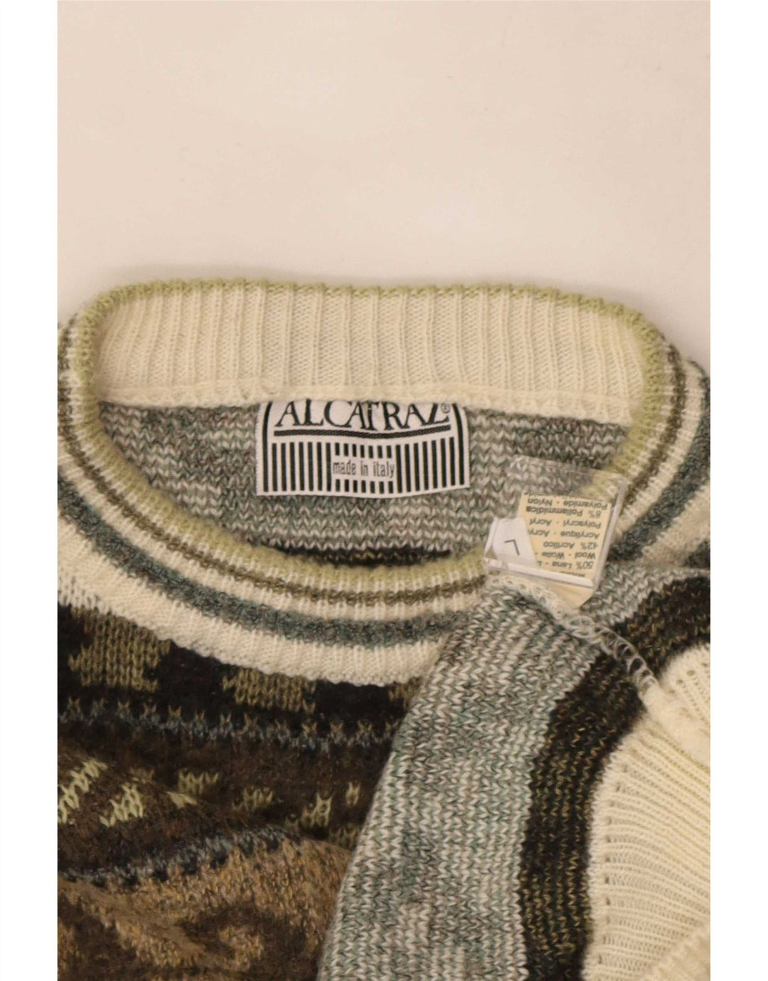 Maglione girocollo da uomo Alcatraz, maglione grande, lana Fair Isle color kaki