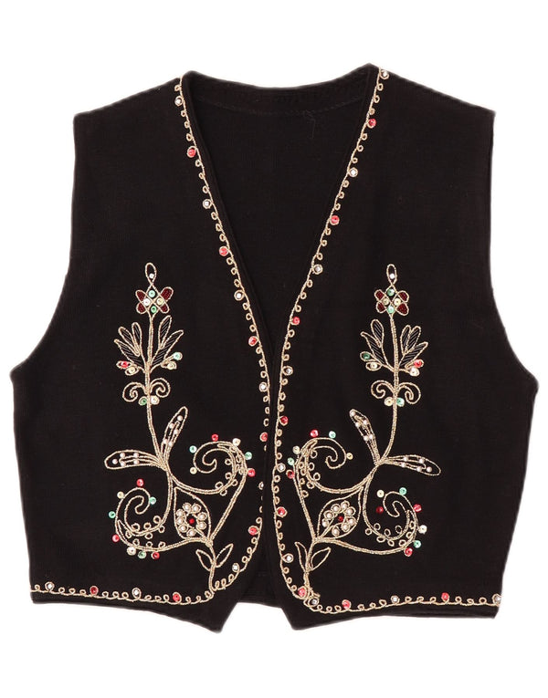 Gilet lavorato a maglia da donna vintage UK 14 grande lana floreale nera