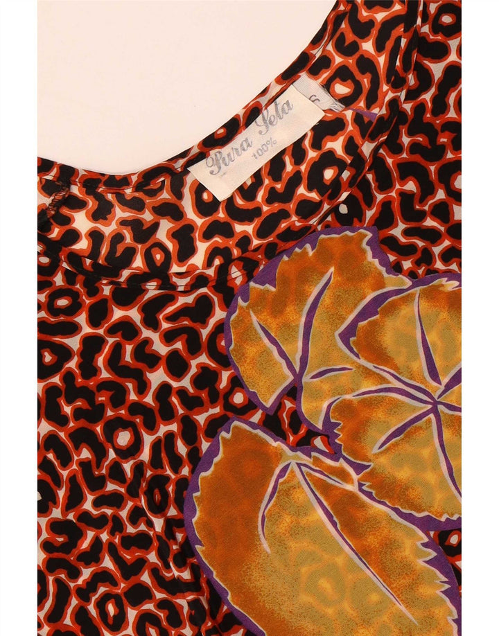Pura Seta Camicetta oversize da donna Top UK 10 Piccola seta floreale marrone
