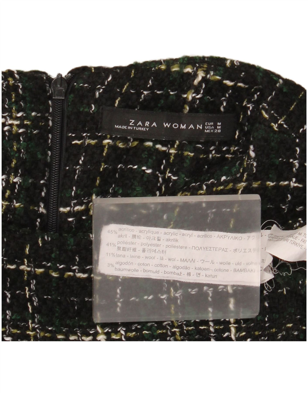 Abito a trapezio a maniche lunghe da donna Zara UK 14 Acrilico a quadri verde medio