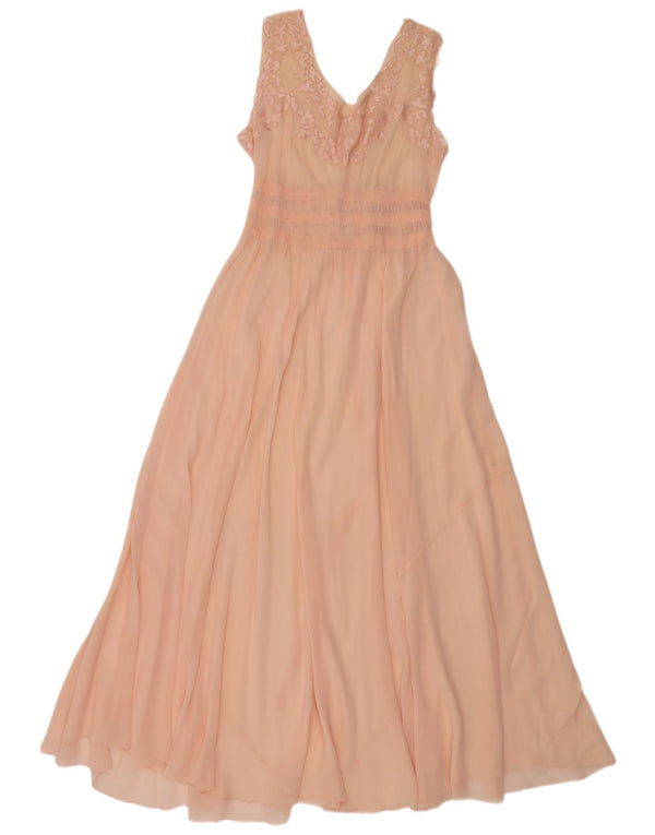 Abito lungo senza maniche vintage da donna UK 12 floreale rosa medio