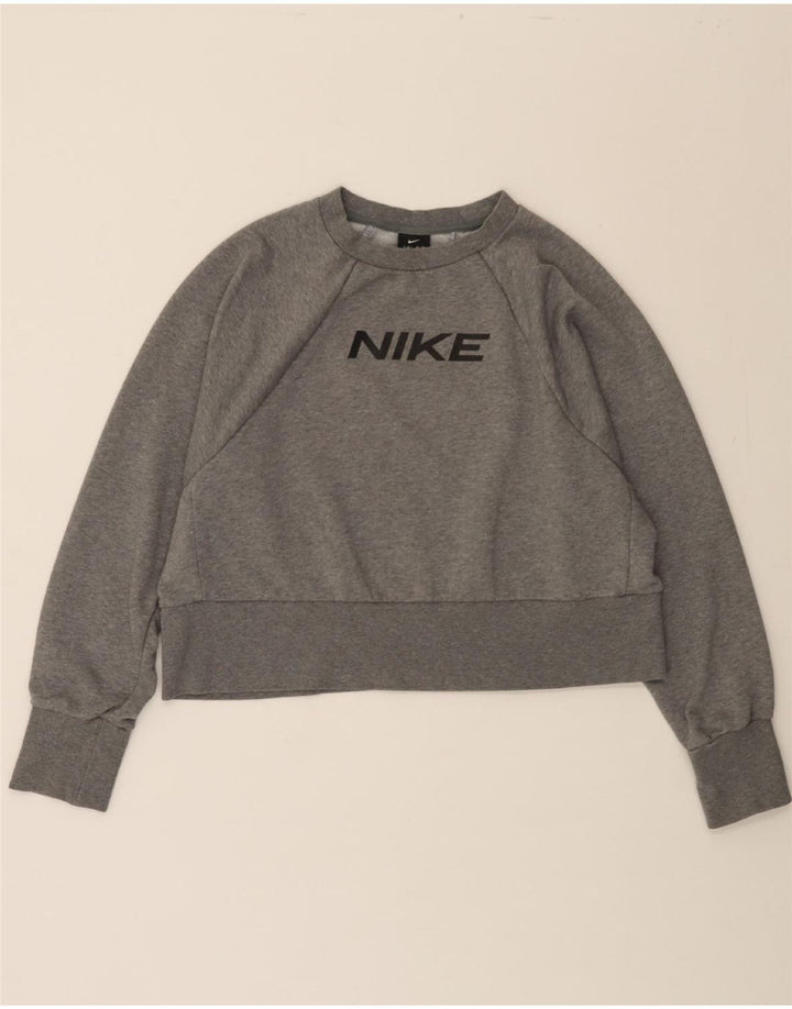 NIKE Womens Dri Fit Crop Graphic Sweatshirt Jumper UK 14 Medium Grey Vintage Nike and Second-Hand Nike from Messina Hembry 