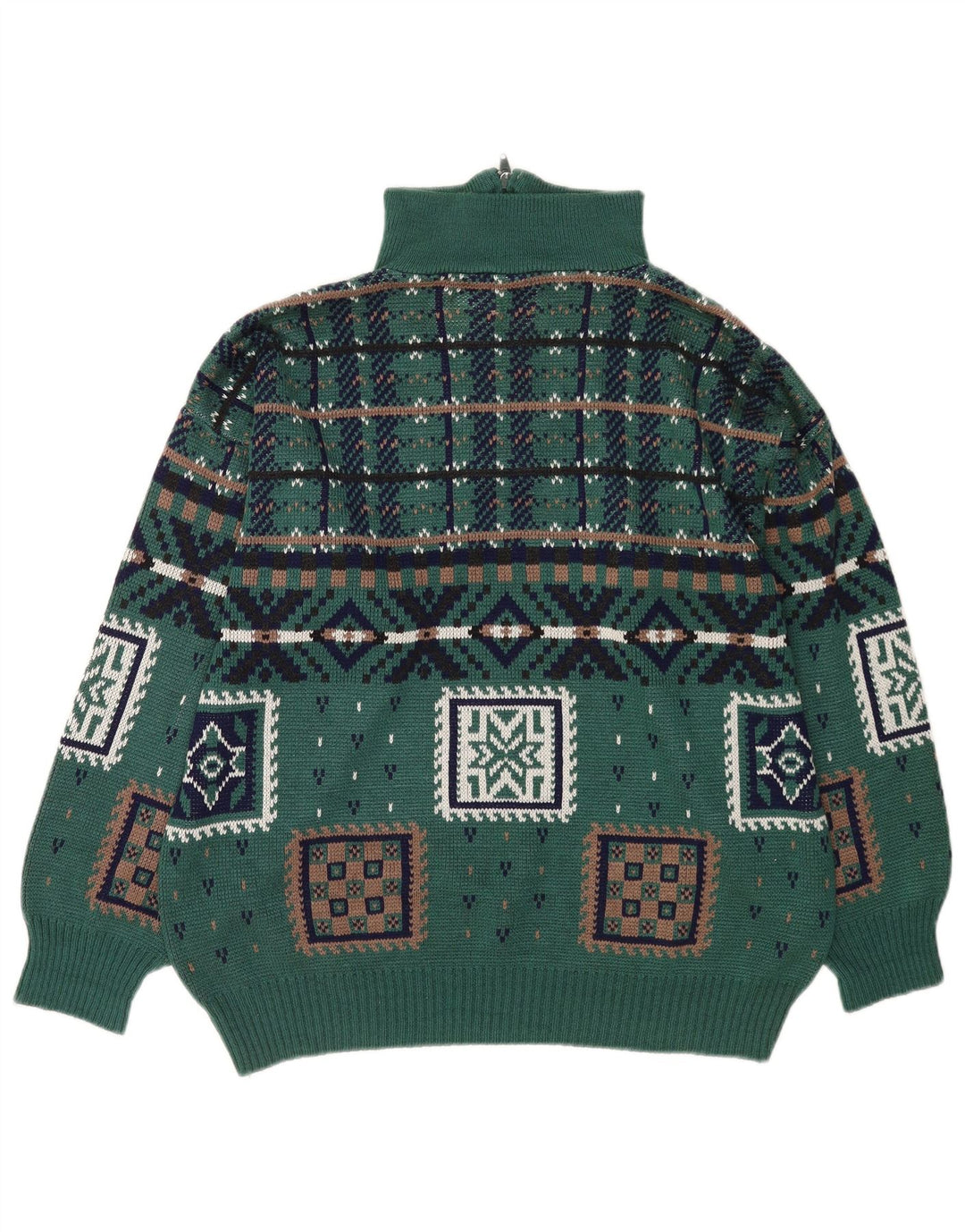 Maglione vintage da uomo con zip e collo in poliacrilico geometrico verde grande