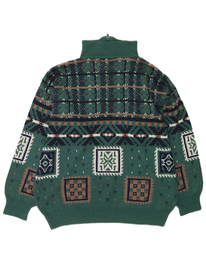 Maglione vintage da uomo con zip e collo in poliacrilico geometrico verde grande