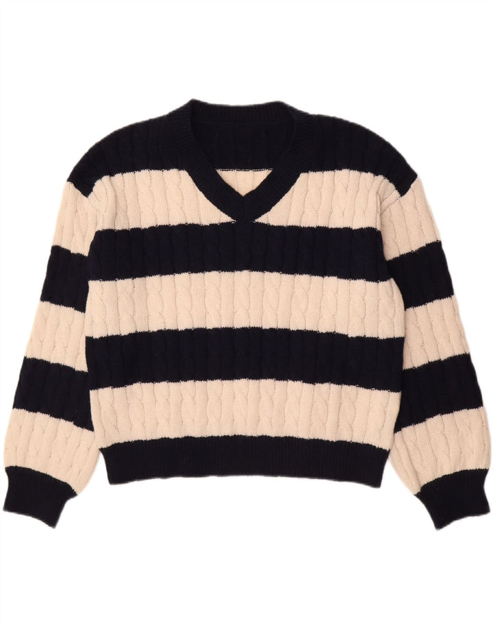 SHEIN Womens V-Neck Jumper Sweater UK 14 Medium Navy Blue Striped Vintage Shein and Second-Hand Shein from Messina Hembry 