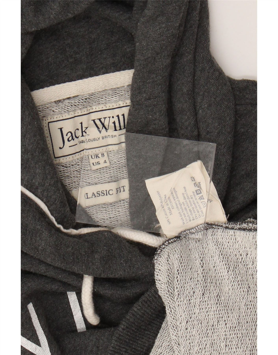 JACK WILLS Maglione con cappuccio oversize con grafica da donna UK 8 piccolo cotone grigio