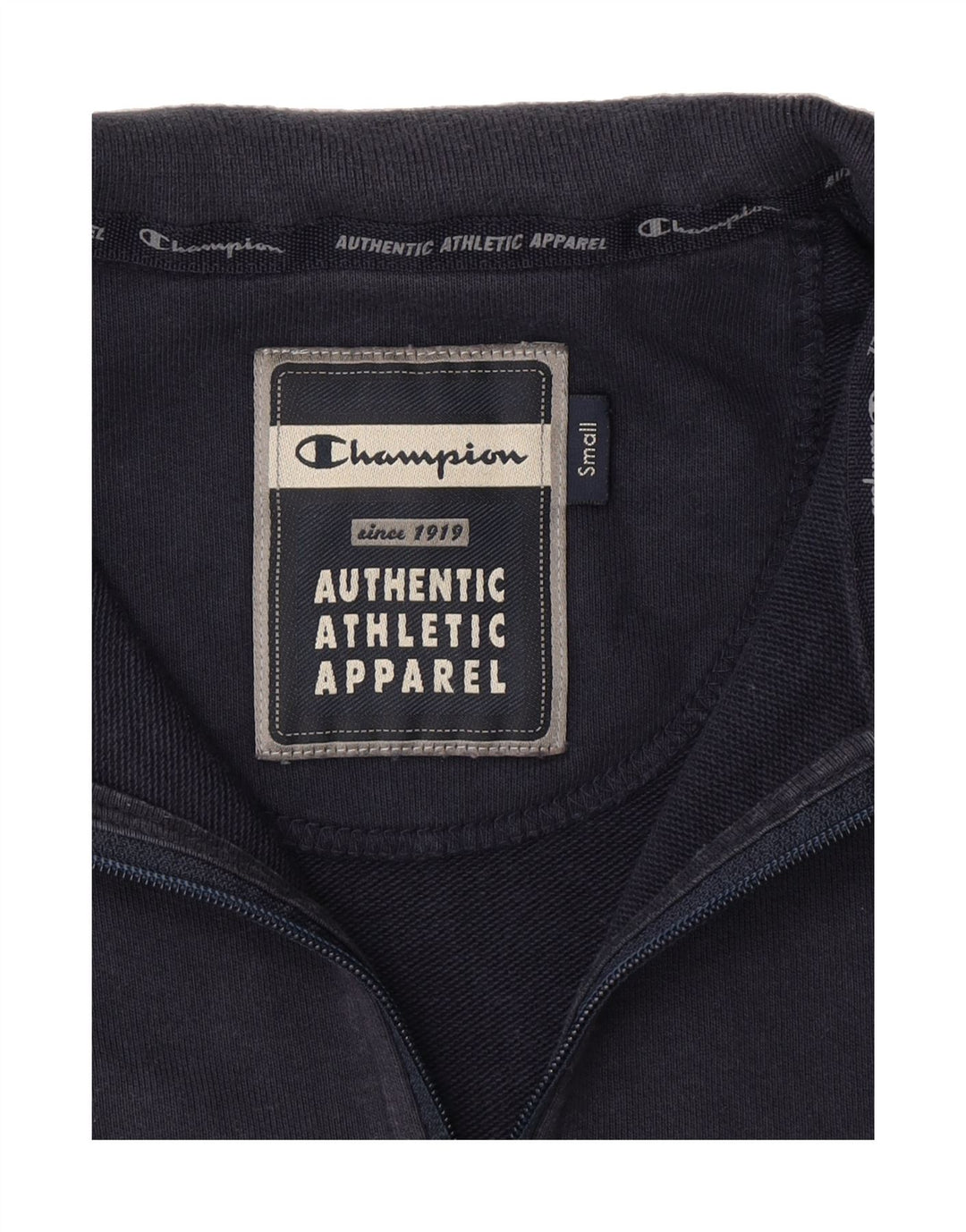 CHAMPION Mens Graphic Zip Neck Sweatshirt Jumper Small Navy Blue Cotton Vintage Champion and Second-Hand Champion from Messina Hembry 