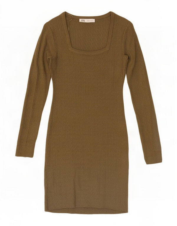 Zara Womens Long Sleeve Jumper Dress UK 8 Small Khaki