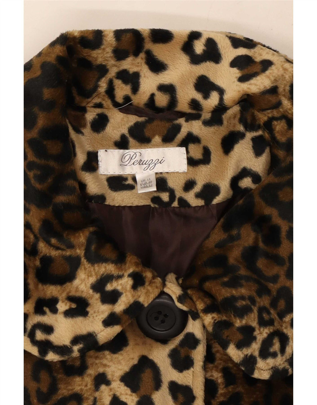 Giacca da donna in pelliccia sintetica Peruzzi UK 14 grande poliestere con stampa animalier marrone