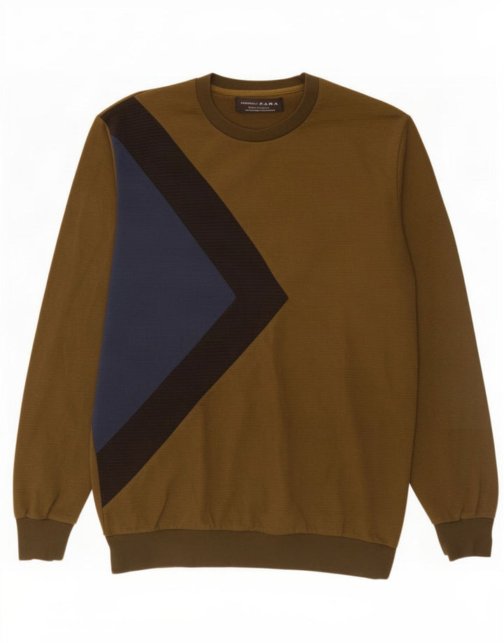 Zara Uomo Felpa Maglione Piccolo Cachi Colorblock Cotone